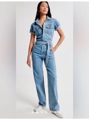 Abercrombie & Fitch Light Blue Denim Jumpsuit with Tie Waist